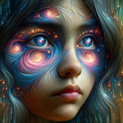 The primary subject of the image is a woman's face, which is the main focus of the image. The setting is a colorful and artistic background, which adds to the visual style of the image. The colors and mood of the image are vibrant and lively, with a sense of creativity and imagination. The overall atmosphere of the image is one of beauty and artistic expression.